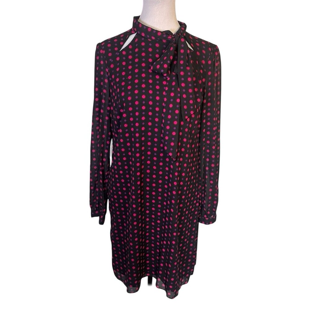 The Limited Tie Neck Shift Dress Sz 6 Long Sleeve Cut Outs Zip Polka Dot Black